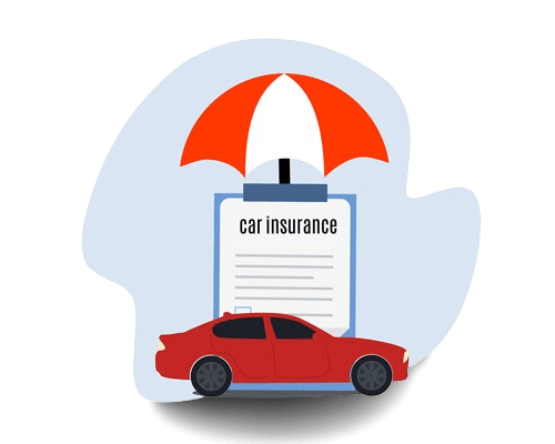 Illustration d'une voiture rouge devant un contrat d'assurance auto abrité par un parapluie