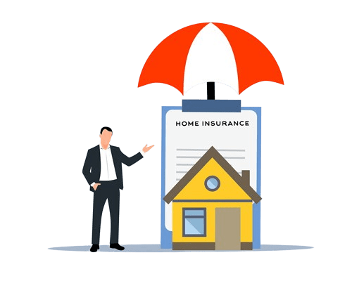 Illustration d'un homme en costume qui présente une maison abritée par un parapluie d'assurance habitation