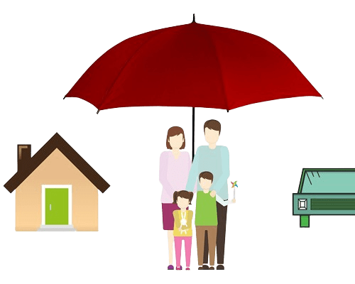 Illustration d'une famille abritée sous un grand parapluie rouge, entre une maison et une voiture