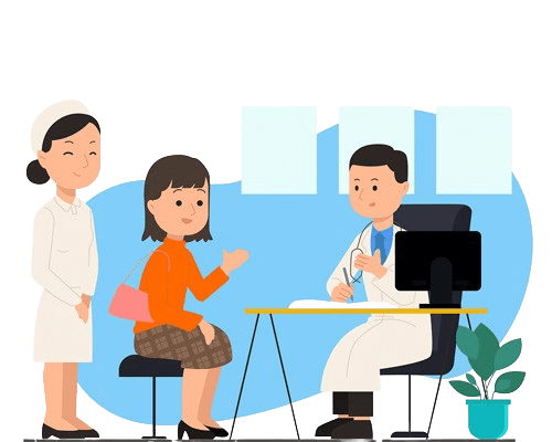 Illustration d'une patiente reçue en consultation par un médecin