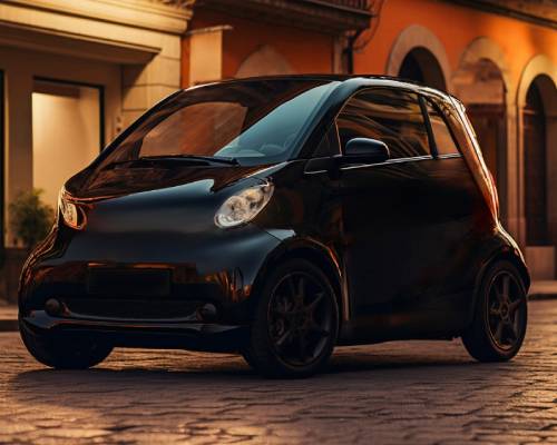Voiture sans permis noire garée dans une rue pavée en fin de journée